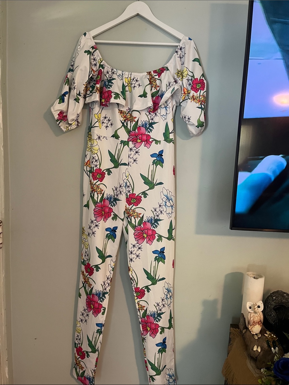 Off-Shoulder Floral Jumpsuit in White with Pink & Green Print